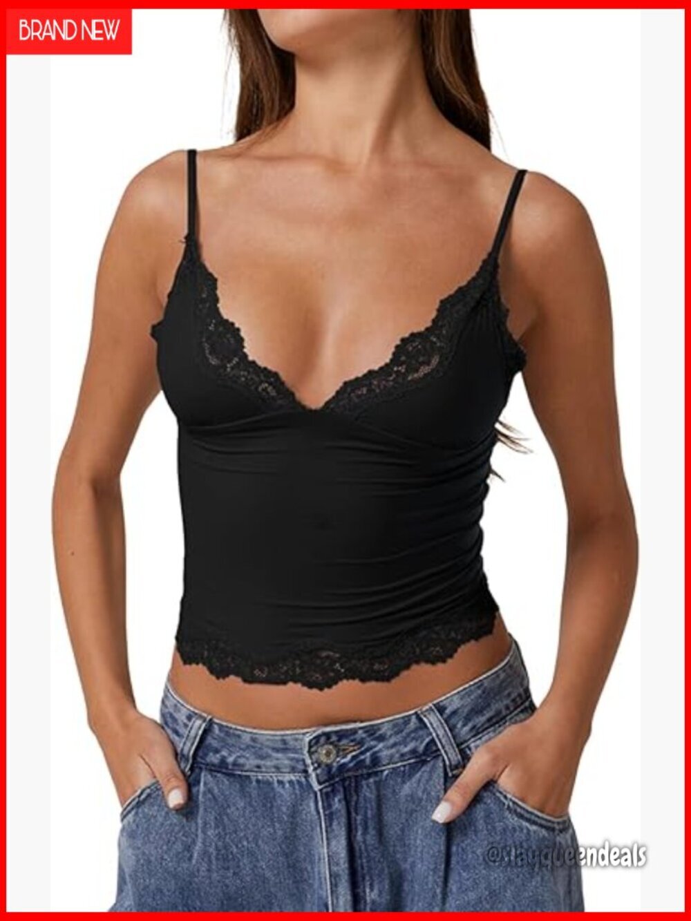 V-Neck Lace Trim Cami Slimming Fit Sleeveless Crop Top